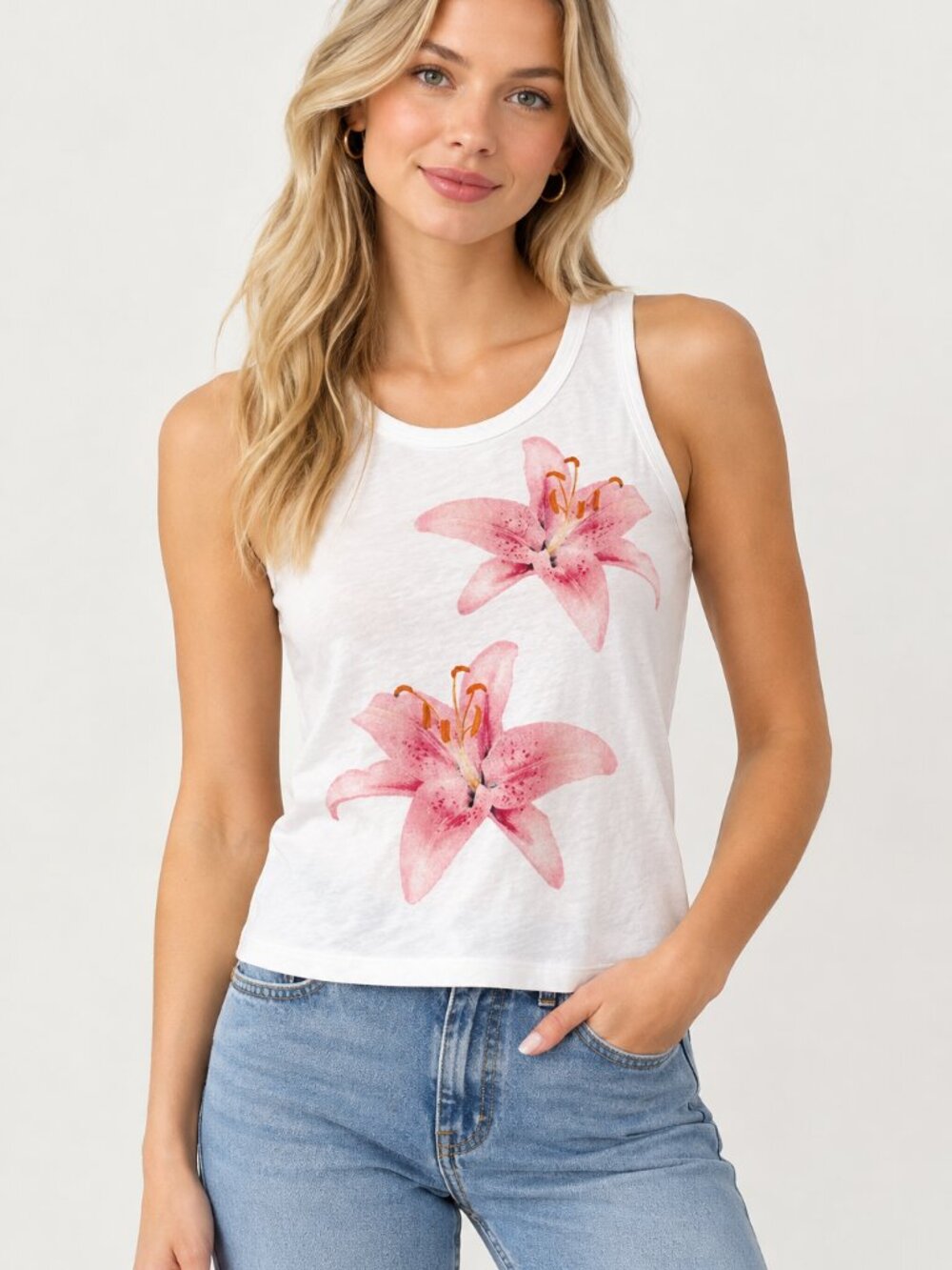 White Tank Top with Pink Floral Lily Print - Size Small - 100% Cotton